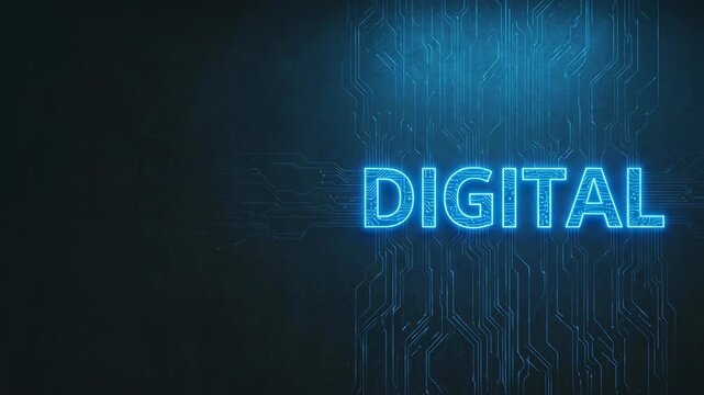 Glowing digital text on electronic circuit pattern background. Cyber security concept with blue neon word. Modern technology interface or data network visualization.