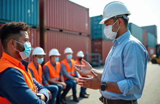 Manager talks to workers wearing face masks. Team listens at shipping containers. Safety protocols discussed for pandemic prevention at logistics yard. Work safety during epidemic.