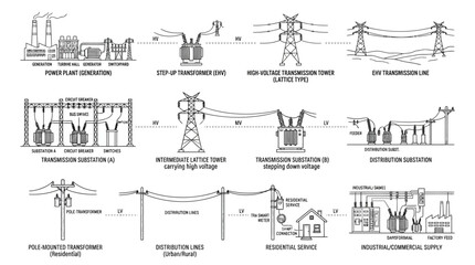 Obraz premium Electrical Power Generation Vector Diagram Transmission Distribution Transformers Substations Voltage Lines Residential Industrial Commercial Supply Infrastructure Energy Flow Design Collection