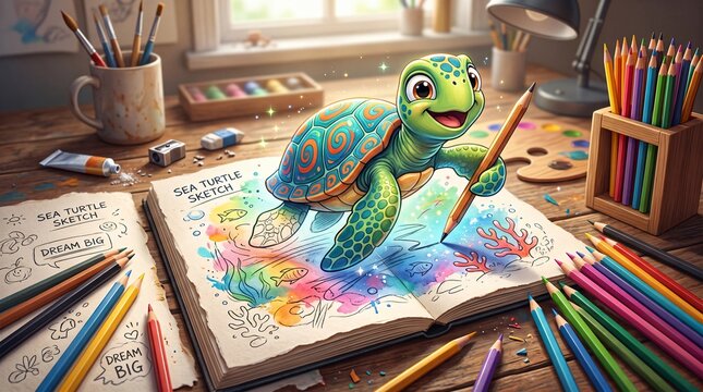 Colorful turtle, kids coloring book, sea turtle illustration, art supplies
