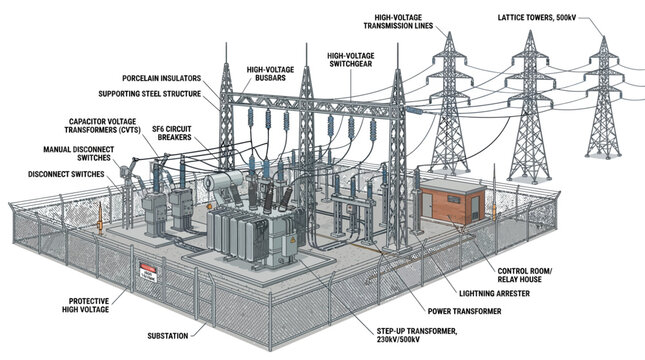 Electrical Substation Vector Diagram Transformers Circuit Breakers Isolators Busbars Lightning Arresters Current Transformers Potential Transformers Control Building Transmission Lines Power Infrastru