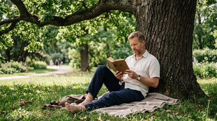 Fototapeta premium Man reading a book under a large tree in a park on a sunny day