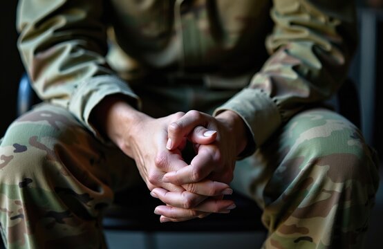 Soldier in camouflage uniform sits with hands folded in lap. Person wears military clothes, rests in quiet room. Pensive man contemplates serious life challenges. Sad fighter feels stress, depression