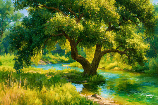 A tree planted by streams of water yielding fruit, lush vibrant foliage, perfect serene natural beauty