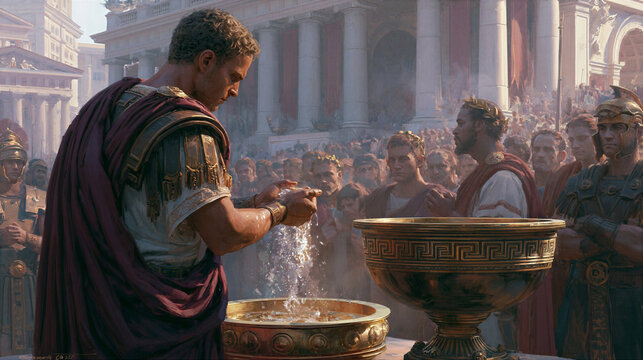 Pontius Pilate washing his hands in a golden basin, turning his back on the crowd, Roman architecture