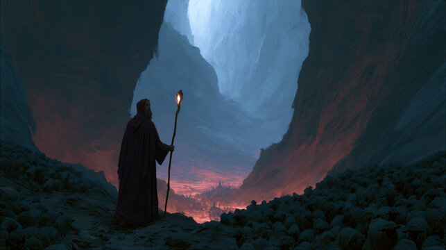 A shepherd walking through the valley of the shadow of death, holding a glowing staff, dark ominous canyon