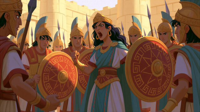 Queen Athaliah shouting Treason in the temple courtyard, royal guards surrounding the boy king Joash