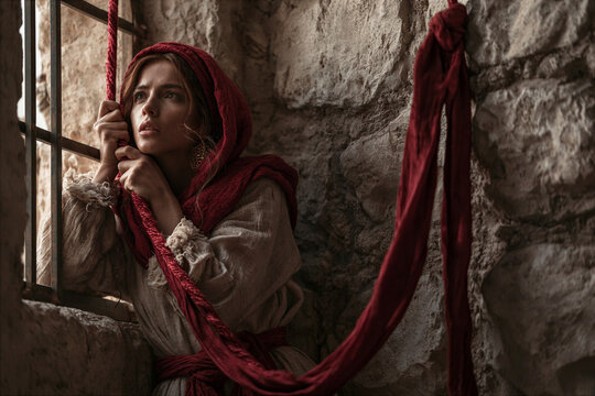 Rahab lowering a crimson cord from a window in a stone wall, tension and secrecy