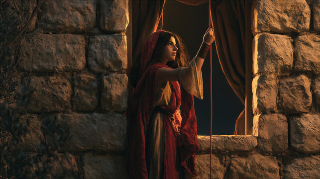 Rahab lowering the red cord from her window in the massive stone wall of Jericho, night time, stealthy atmosphere