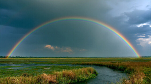 Rainbow covenant in the sky after the flood, brilliant spectrum arch over wet green landscape, divine promise atmosphere