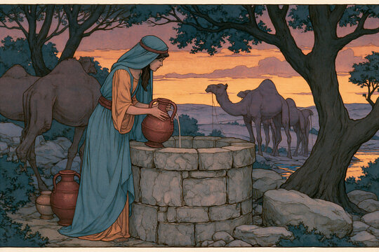 Rebekah drawing water from a stone well at twilight, camels waiting in the background, ancient pastoral beauty