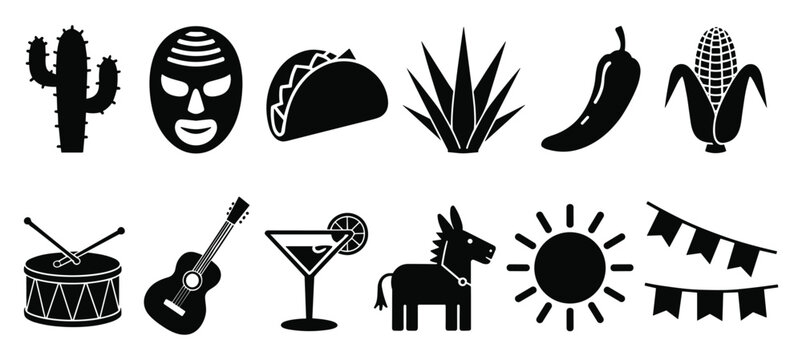 Mexico culture icon set including cactus taco and guitar symbols with celebration tradition silhouette illustration vacation heritage ornament