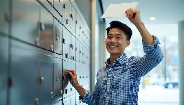 Happy asian man opens metal mailbox in office hallway. Smiling guy holds white letter paper in hand checking post. Pro male worker enjoys delivery service. Cheerful person finds envelope in personal