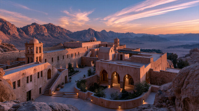 Serene desert monastery at sunrise with vast skies and warm light over stone architecture