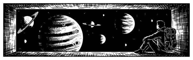 Astronaut Looking at Universe from Window Space Traveler Watching Planets and Galaxy Stars Science Fiction Concept Art Cosmic Exploration Illustration © Luka