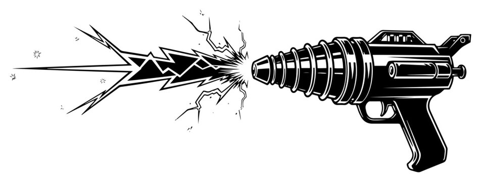 Retro Sci-Fi Ray Gun Blaster Firing Energy Beam Vintage Space Weapon Laser Gun Illustration Science Fiction Technology Vector