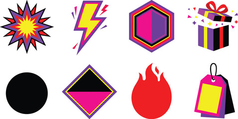 Obraz premium Collection of abstract shapes and symbols featuring starburst, lightning bolt, hexagon, gift box, circle, diamond, fire, and tag