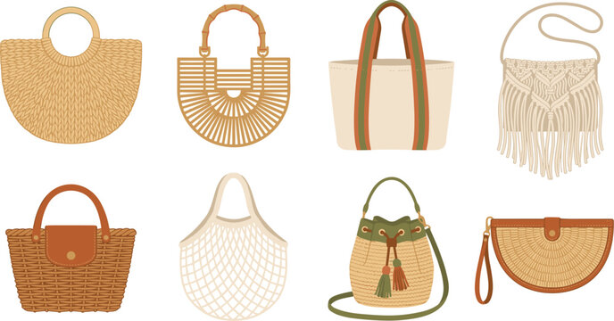Assortment of stylish summer handbags and purses including woven straw totes, bamboo handle bags, macrame bags, and net shopping bags