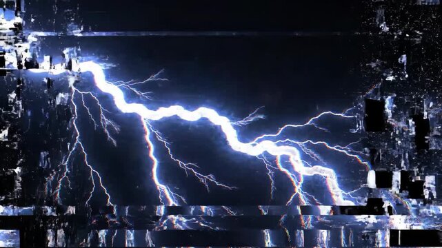 Digital Glitch Artifacts Distorting Bright Electric Lightning Arc