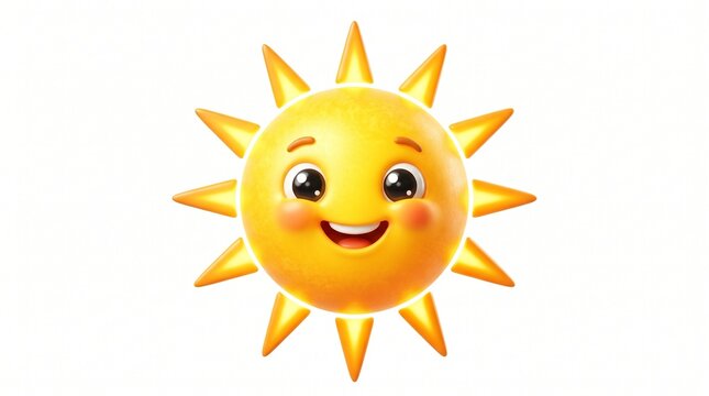 Cute cartoon sun character with smiling face and rays on white background with cheerful cartoon face bright illustration animation isolation
