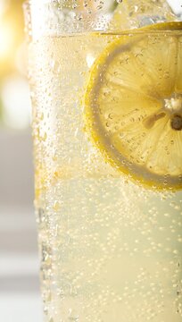 sparkling lemonade with bubbles and lemon slice in glass, condensation droplets, bright summer sunlight, ultra refreshing