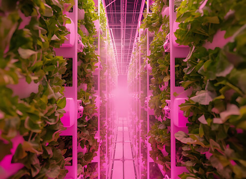 Vertical farm interior with lush green plants under pink LED grow lights