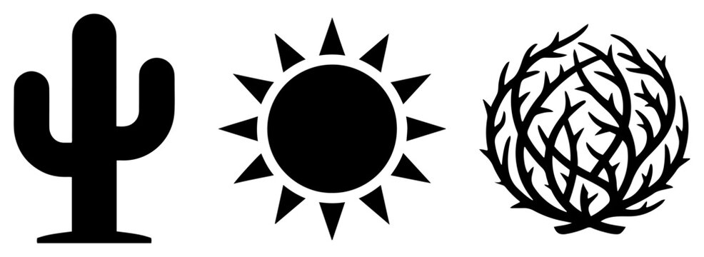 Desert nature elements including saguaro cactus sun and tumbleweed icon set