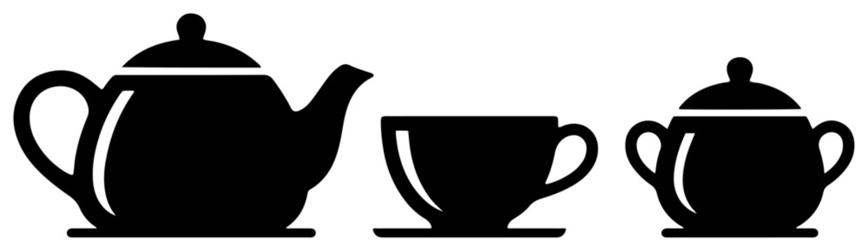 Teapot with teacup and sugar bowl icons in minimalist vector style