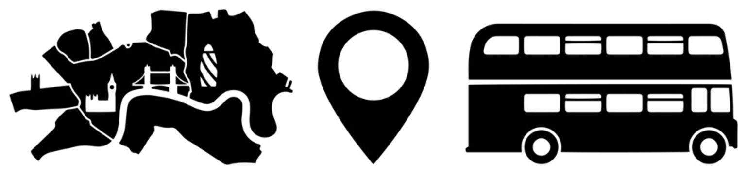 London city map double decker bus and map pin icons in silhouette vector style