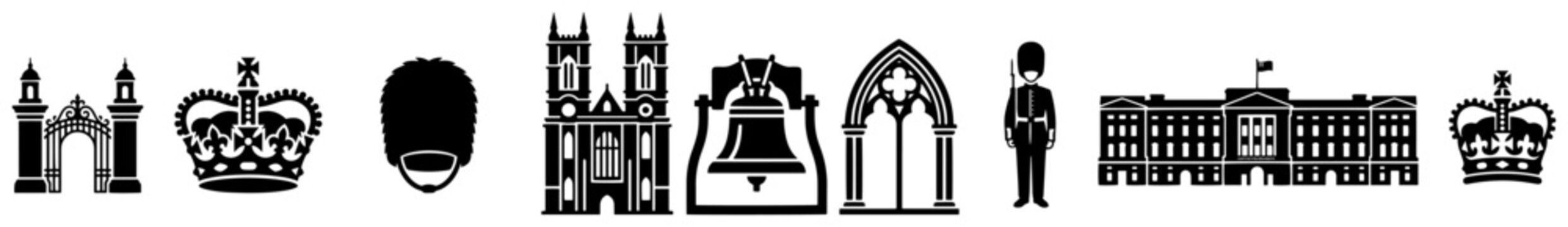 British landmarks and royal symbols including palace crown and guard in silhouette style