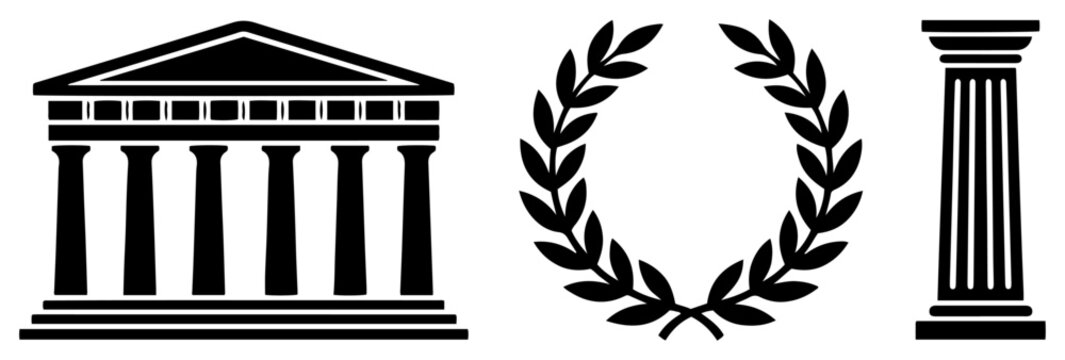 Ancient Greek temple with laurel wreath and ionic column in minimalist vector style