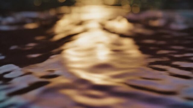 Abstract macro shot of a rippling liquid surface reflecting warm golden light and deep blue tones, featuring distorted waves and a soft bokeh background with blurred highlights.