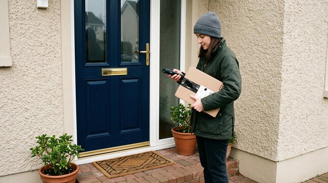 Delivery person holding package and scanner at front door of house