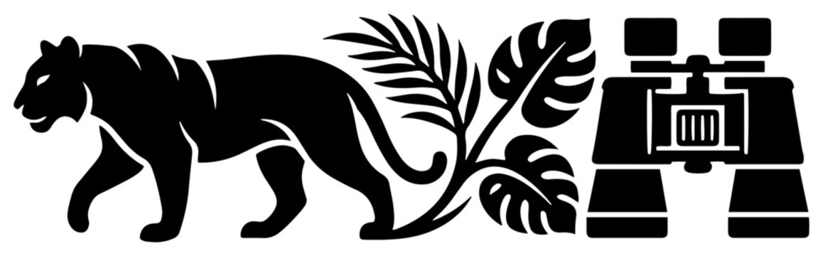 Tiger prowling through tropical leaves with binoculars in wildlife safari silhouette style