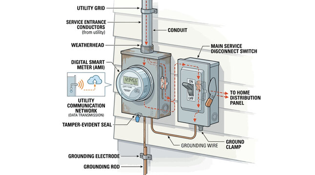 Residential Electrical Service Entrance Vector Utility Power Lines Smart Meter Grounding Panel Conduit Disconnect Distribution Safety Diagram Home Energy Supply Illustration Graphic Design
