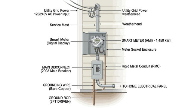 Residential Electrical Service Entrance Vector Utility Power Lines Smart Meter Grounding Panel Conduit Disconnect Distribution Safety Diagram Home Energy Supply Illustration Graphic Design