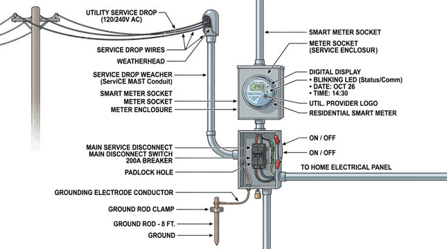 Residential Electrical Service Entrance Vector Utility Power Lines Smart Meter Grounding Panel Conduit Disconnect Distribution Safety Diagram Home Energy Supply Illustration Graphic Design
