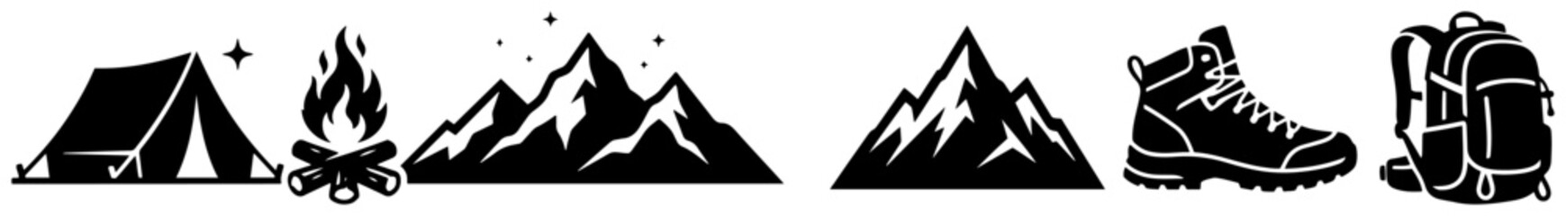Camping icon set with tent campfire and hiking boot in minimalist vector style © AnjaliDesai