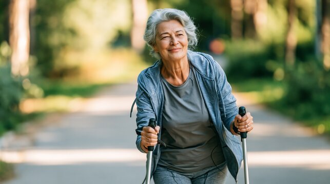 Older woman striding with walking poles along a park path. Concept of senior Nordic walking.