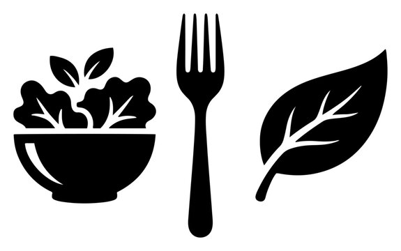 Vegetarian food icons with salad bowl and leaf in minimalist vector style