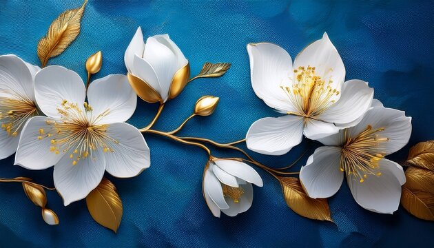 close up of exquisite white blossoms with golden accents and sepals on delicate branches against a blue textured background