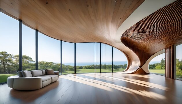 modern architectural interior with a curved wall of windows sleek flooring and a bright minimalist aesthetic the space is bathed in natural light