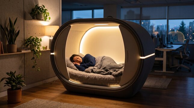 Woman sleeping peacefully in a modern office nap pod with warm ambient lighting and plants nearby