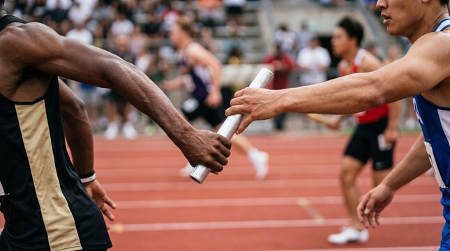 Athletes passing the baton during a track and field relay race on a sunny day