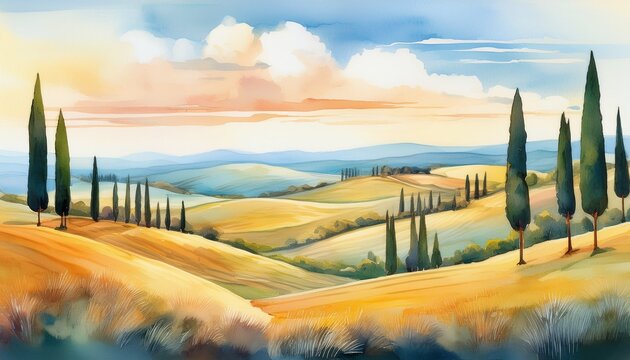 serene watercolor landscape with rolling hills elegant cypress trees and soft pastel clouds