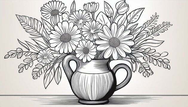simple outline drawing of a cheerful bouquet of flowers in a decorative pitcher