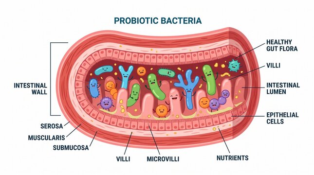 Probiotic bacteria, gut health, intestinal wall, microbiome illustration