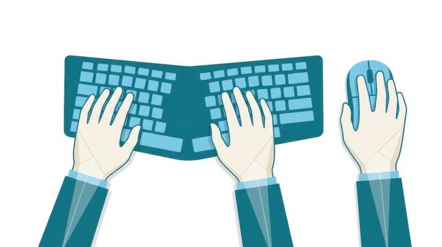 This shows hands on a keyboard and mouse, highlighting wrist position and posture to promote workplace wellness and prevent musculoskeletal injuries.