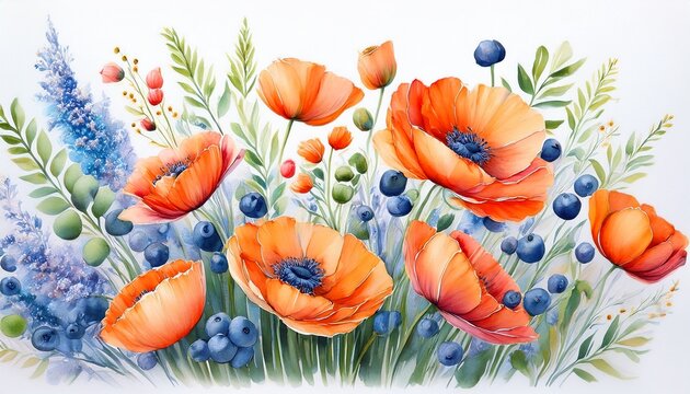 vibrant watercolor floral bouquet with orange poppies and blue berries on a clean white field