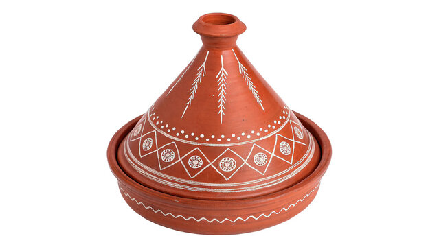 Traditional terracotta ceramic Moroccan tajine pot cookware isolated on a transparent background